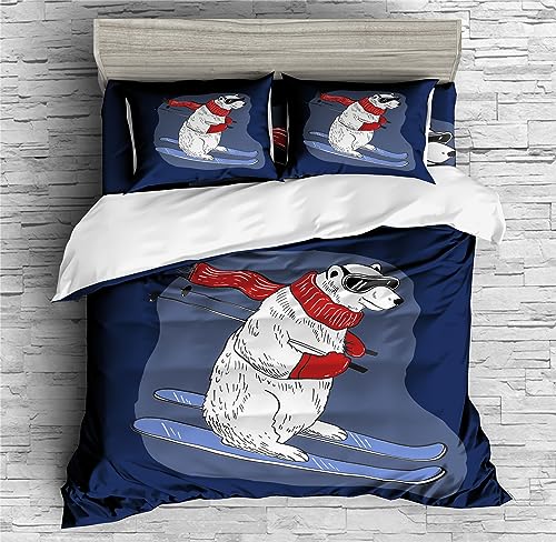 REALIN Ski Polar Bear Skiing Duvet Cover Set Ski Area Skiing Sports Bedding Girl Boy Kids Bed Sets 2/3/4PCS Quilt Covers/Sheets/Pillow Shams,Twin/Full/Queen/King (B,King-229x259cm-3PCS)