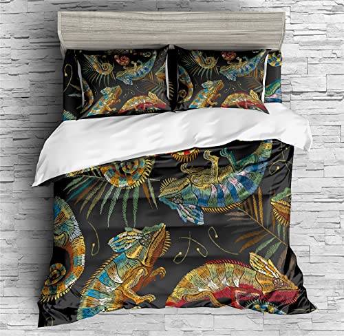 REALIN Lizards Bedding Rain Trees Animal Gecko Lizards Duvet Cover Set Girl Boy Kids Bed Sets 2/3/4PCS Quilt Covers/Sheets/Pillow Shams,Twin/Full/Queen/King (B,Full-200x229cm-3PCS)