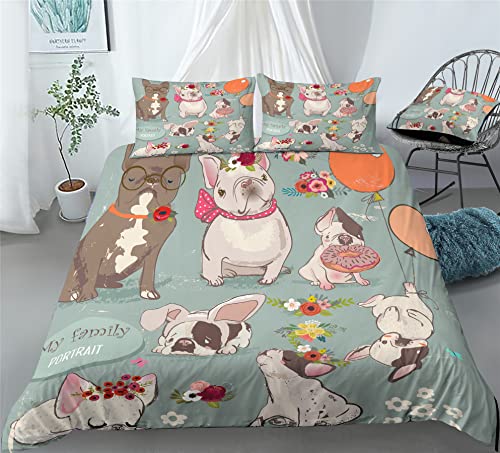 REALIN Olde English Bulldogge Animal Puppies Duvet Cover Set Bulldog Pets Bedding Girl Boy Kids Bed Sets 2/3/4PCS Quilt Covers/Sheets/Pillow Shams,Twin/Full/Queen/King (A,Full-200x229cm-3PCS)