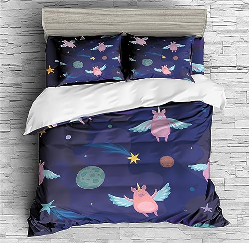 REALIN Moon Universe Unicorn Pig Decoration Bedding Unicorn Pig Duvet Cover Set Girl Boy Kids Bed Sets 2/3/4PCS Quilt Covers/Sheets/Pillow Shams,Twin/Full/Queen/King (A,King-229x259cm-4PCS)