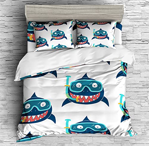 REALIN Sharks Bedding Cute Shark Decoration Cartoon Shark Duvet Cover Set Girl Boy Kids Bed Sets 2/3/4PCS Quilt Covers/Sheets/Pillow Shams,Twin/Full/Queen/King (A,King-229x259cm-3PCS)