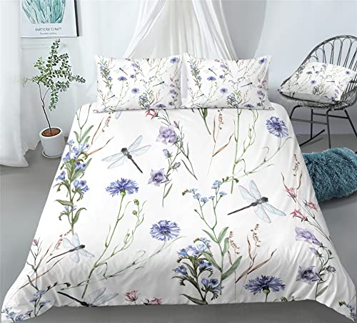 REALIN Flower Dragonfly Pattern Bedding Cartoon Dragonflies Duvet Cover Set Girl Boy Kids Bed Sets 2/3/4PCS Quilt Covers/Sheets/Pillow Shams,Twin/Full/Queen/King (A,Full-200x229cm-3PCS)