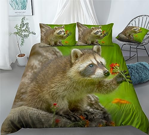 REALIN Raccoon Bedding Baby Raccoon Small Animal Jungle Duvet Cover Set Girl Boy Kids Bed Sets 2/3/4PCS Quilt Covers/Sheets/Pillow Shams,Twin/Full/Queen/King (B,Twin-172x218cm-4PCS)