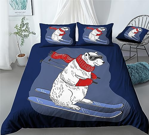 REALIN Ski Polar Bear Skiing Bedding Ski Area Skiing Sports Duvet Cover Set Girl Boy Kids Bed Sets 2/3/4PCS Quilt Covers/Sheets/Pillow Shams,Twin/Full/Queen/King (B,Twin-172x218cm-4PCS)