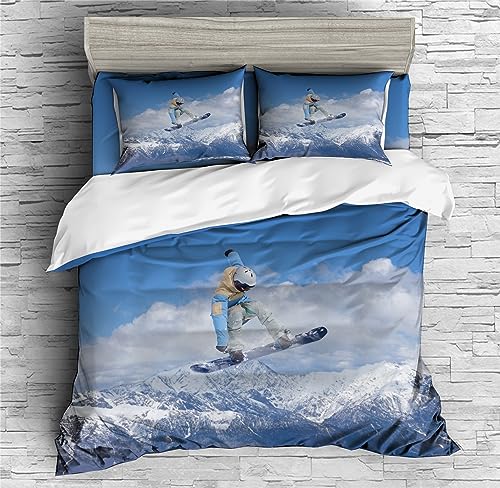 REALIN Snowboarding Snow Mountain Duvet Cover Set Skiing Snowy Peaks Bedding Girl Boy Kids Bed Sets 2/3/4PCS Quilt Covers/Sheets/Pillow Shams,Twin/Full/Queen/King (B,Full-200x229cm-3PCS)