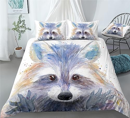 REALIN Cute Raccoon Bedding Cartoon Raccoon Animal Duvet Cover Set Girl Boy Kids Bed Sets 2/3/4PCS Quilt Covers/Sheets/Pillow Shams,Twin/Full/Queen/King (B,Twin-172x218cm-3PCS)