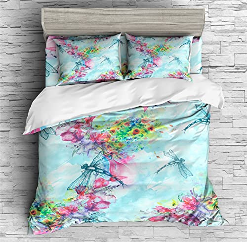 REALIN Flower Dragonfly Pattern Duvet Cover Set Cartoon Dragonflies Bedding Girl Boy Kids Bed Sets 2/3/4PCS Quilt Covers/Sheets/Pillow Shams,Twin/Full/Queen/King (A,Full-200x229cm-4PCS)