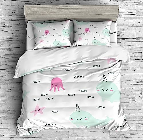 REALIN Cartoon Blue Narwhal Duvet Cover Set Narwhal Marine Animal Bedding Girl Boy Kids Bed Sets 2/3/4PCS Quilt Covers/Sheets/Pillow Shams,Twin/Full/Queen/King (C,King-229x259cm-3PCS)