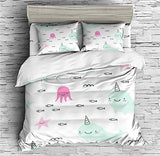 Cartoon Blue Narwhal Duvet Cover Set - Print 3