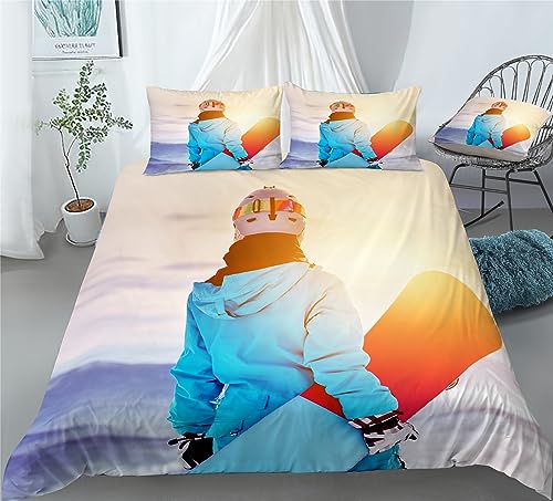 REALIN Snowboarding Snow Mountain Bedding Skiing Snowy Peaks Duvet Cover Set Girl Boy Kids Bed Sets 2/3/4PCS Quilt Covers/Sheets/Pillow Shams,Twin/Full/Queen/King (C,Twin-172x218cm-4PCS)