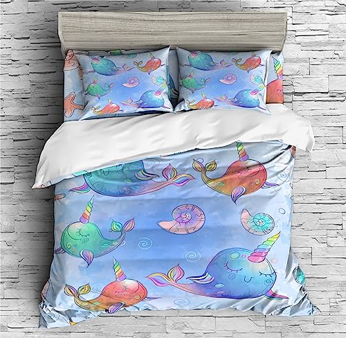 REALIN Colorful Hand-Painted Narwhal Duvet Cover Set Cartoon Narwhal Bedding Girl Boy Kids Bed Sets 2/3/4PCS Quilt Covers/Sheets/Pillow Shams,Twin/Full/Queen/King (A,Full-200x229cm-3PCS)