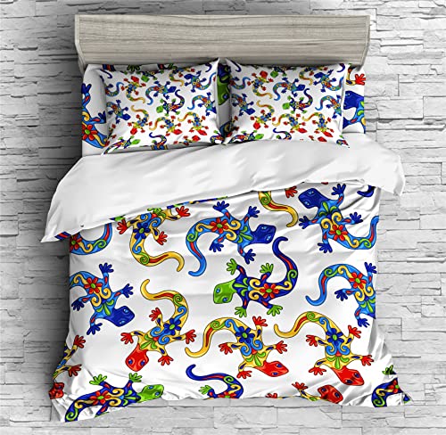 REALIN Colorful Geckos Duvet Cover Set Lizards Reptiles Prints Bedding Girl Boy Kids Bed Sets 2/3/4PCS Quilt Covers/Sheets/Pillow Shams,Twin/Full/Queen/King (A,Full-200x229cm-3PCS)