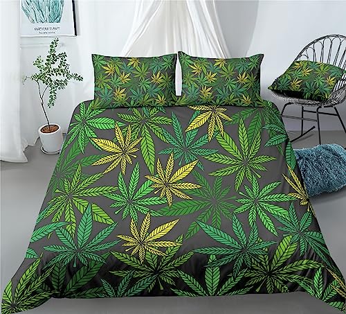 REALIN Marijuana Bedding Hemp Plant Green Hemp Leaf Prints Duvet Cover Set Girl Boy Kids Bed Sets 2/3/4PCS Quilt Covers/Sheets/Pillow Shams,Twin/Full/Queen/King (A,Queen-228x228cm-4PCS)