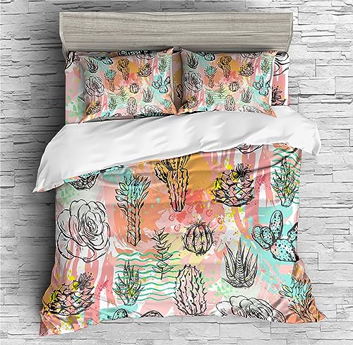 REALIN Cactus Plant Bedding Scrub and Cactus Duvet Cover Set Girl Boy Kids Bed Sets 2/3/4PCS Quilt Covers/Sheets/Pillow Shams,Twin/Full/Queen/King (B,Full-200x229cm-4PCS)