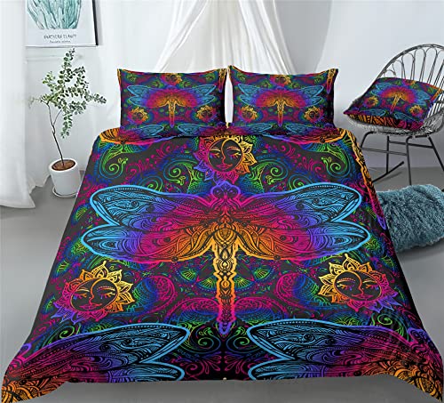 REALIN Cartoon Dragonfly Bedding Cute Insect Print Duvet Cover Set Girl Boy Kids Bed Sets 2/3/4PCS Quilt Covers/Sheets/Pillow Shams,Twin/Full/Queen/King (B,Full-200x229cm-3PCS)