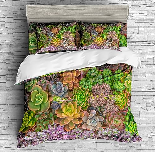 REALIN Succulent Plants Duvet Cover Set Cactus Desert Plant Green Plants Bedding Girl Boy Kids Bed Sets 2/3/4PCS Quilt Covers/Sheets/Pillow Shams,Twin/Full/Queen/King (C,Full-200x229cm-4PCS)