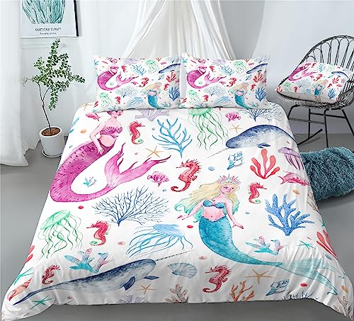 REALIN Narwhal Cartoon Animal Duvet Cover Set Cute Marine Animals Bedding Girl Boy Kids Bed Sets 2/3/4PCS Quilt Covers/Sheets/Pillow Shams,Twin/Full/Queen/King (C,King-229x259cm-3PCS)