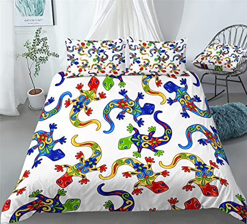 REALIN Colorful Geckos Duvet Cover Set Lizards Reptiles Prints Bedding Girl Boy Kids Bed Sets 2/3/4PCS Quilt Covers/Sheets/Pillow Shams,Twin/Full/Queen/King (A,Full-200x229cm-3PCS)