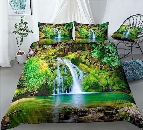 REALIN Waterfalls Woods Duvet Cover Set Wonderland Forest Fantasy Woods Bedding Girl Boy Kids Bed Sets 2/3/4PCS Quilt Covers/Sheets/Pillow Shams,Twin/Full/Queen/King (A,Full-200x229cm-4PCS)