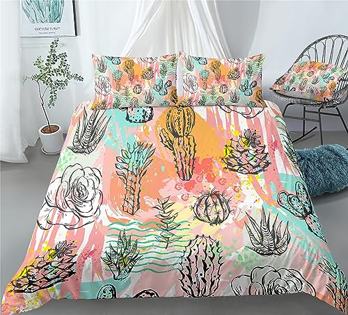 REALIN Cactus Plant Bedding Scrub and Cactus Duvet Cover Set Girl Boy Kids Bed Sets 2/3/4PCS Quilt Covers/Sheets/Pillow Shams,Twin/Full/Queen/King (B,Full-200x229cm-4PCS)