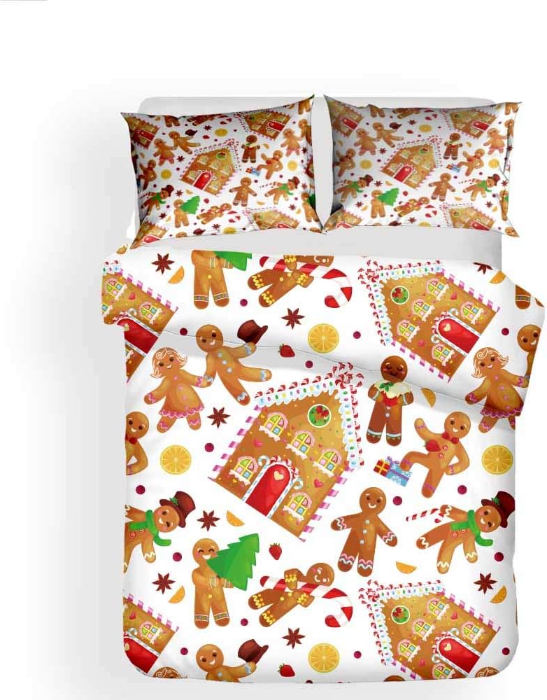 REALIN Cartoon Christmas Duvet Cover Set Gingerbread Man Bedding Reindeer Christmas Tree Bed Sets 2/3/4PCS Quilt Covers/Sheets/Pillow Shams,Twin/Full/Queen/King (B,Twin-172x218cm-3PCS)