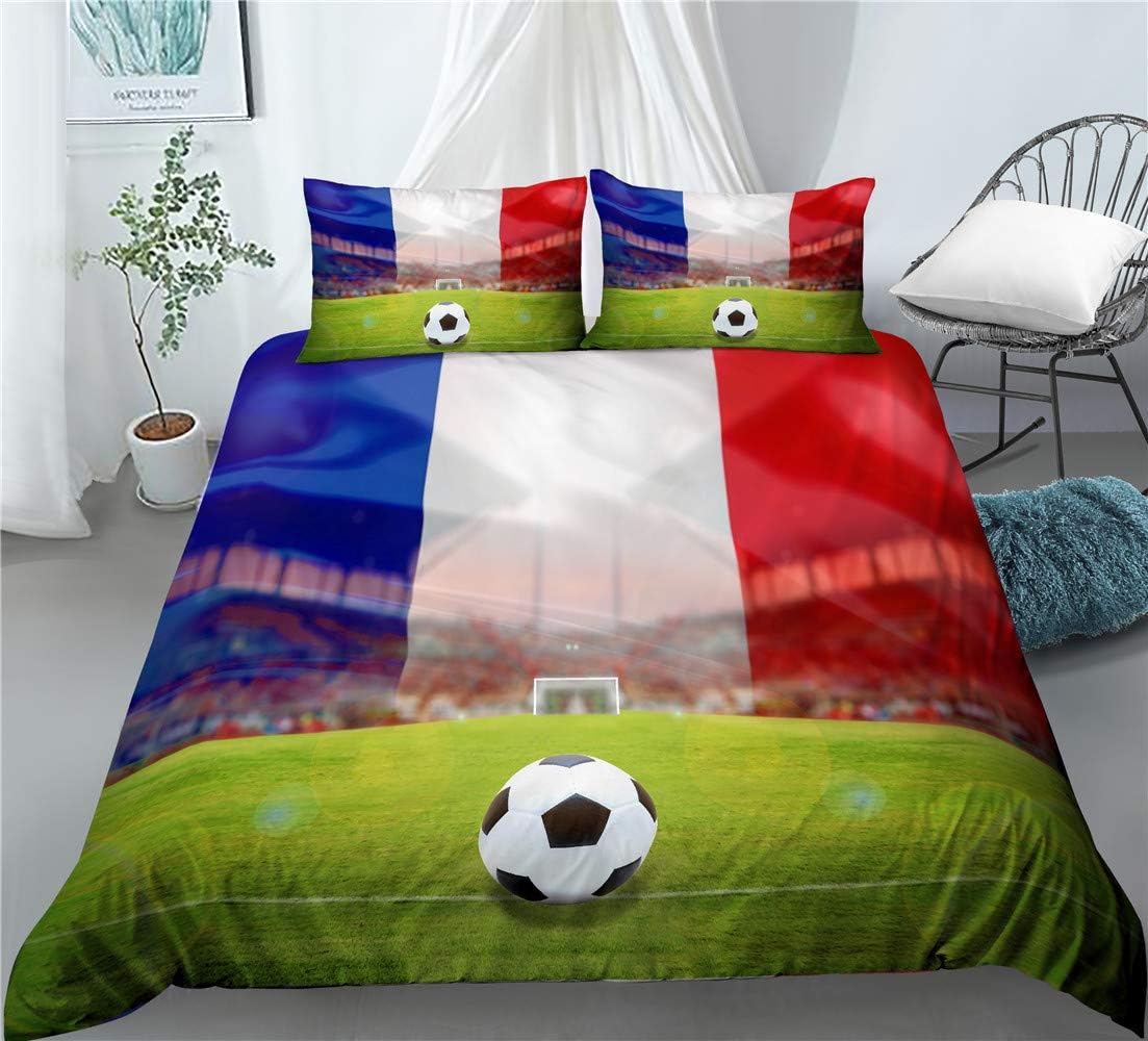 REALIN France National Men's Football Team Duvet Cover Set Soccer Ball Bedding Balls Sports Bed Sets 2/3/4PCS Quilt Covers/Sheets/Pillow Shams,Twin/Full/Queen/King (B,Full-200x229cm-4PCS)