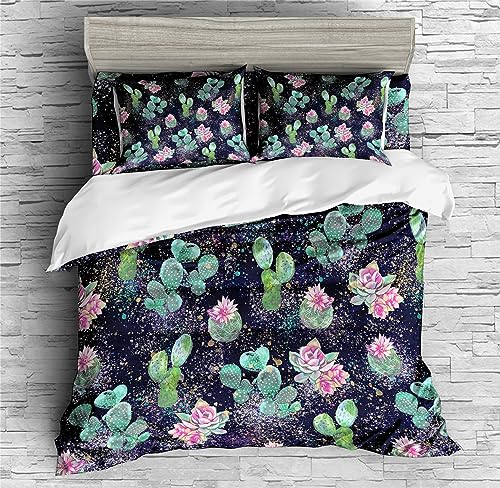 REALIN Succulent Plant Duvet Cover Set Cactus Flower Green Plant Bedding Girl Boy Kids Bed Sets 2/3/4PCS Quilt Covers/Sheets/Pillow Shams,Twin/Full/Queen/King (A,Twin-172x218cm-4PCS)