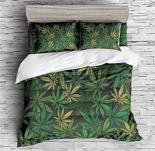 REALIN Marijuana Duvet Cover Set Hemp Plant Green Hemp Leaf Prints Bedding Girl Boy Kids Bed Sets 2/3/4PCS Quilt Covers/Sheets/Pillow Shams,Twin/Full/Queen/King (A,Queen-228x228cm-4PCS)