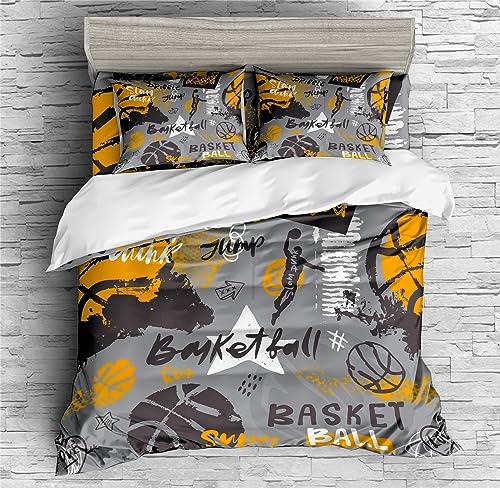 REALIN Basketball Nets Duvet Cover Set Basketball Dunking Bedding Girl Boy Kids Bed Sets 2/3/4PCS Quilt Covers/Sheets/Pillow Shams,Twin/Full/Queen/King (B,Queen-228x228cm-4PCS)