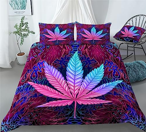 REALIN Marijuana Bedding Hemp Plant Green Hemp Leaf Prints Duvet Cover Set Girl Boy Kids Bed Sets 2/3/4PCS Quilt Covers/Sheets/Pillow Shams,Twin/Full/Queen/King (A,Queen-228x228cm-4PCS)