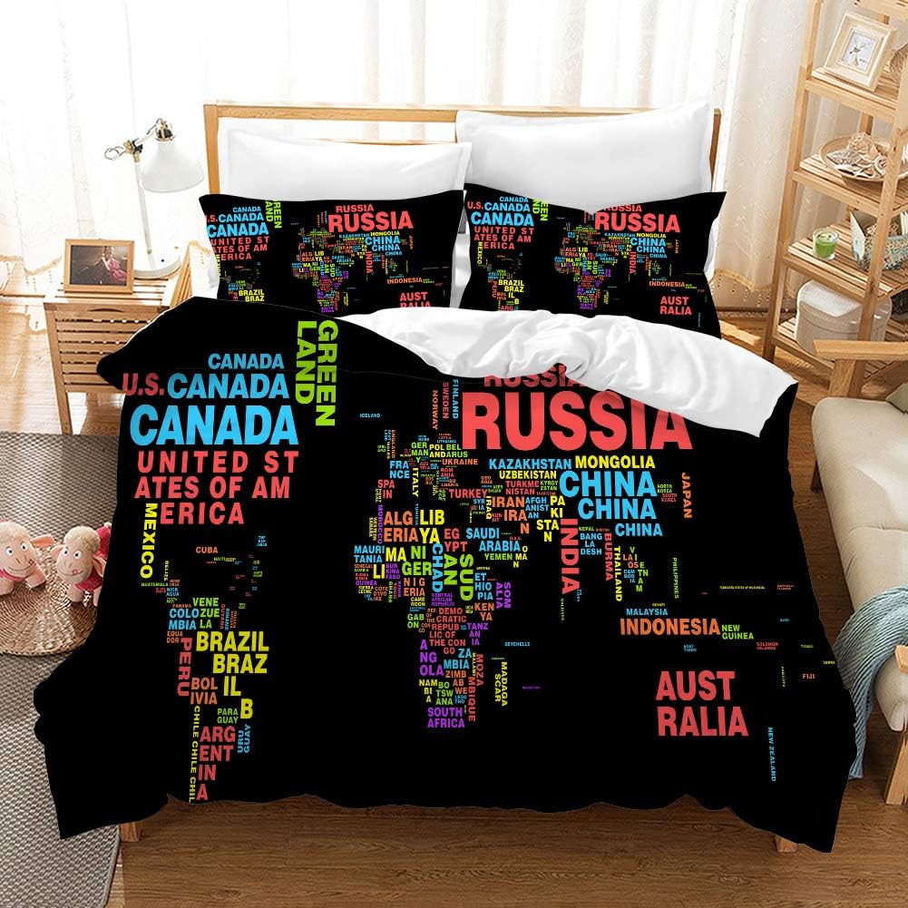 REALIN World Map Duvet Cover Set 3D Bedding Warp and Weft Net Geography Bed Sets 2/3/4PCS Quilt Covers/Sheets/Pillow Shams,Twin/Full/Queen/King (Queen-228x228cm-3PCS,A)