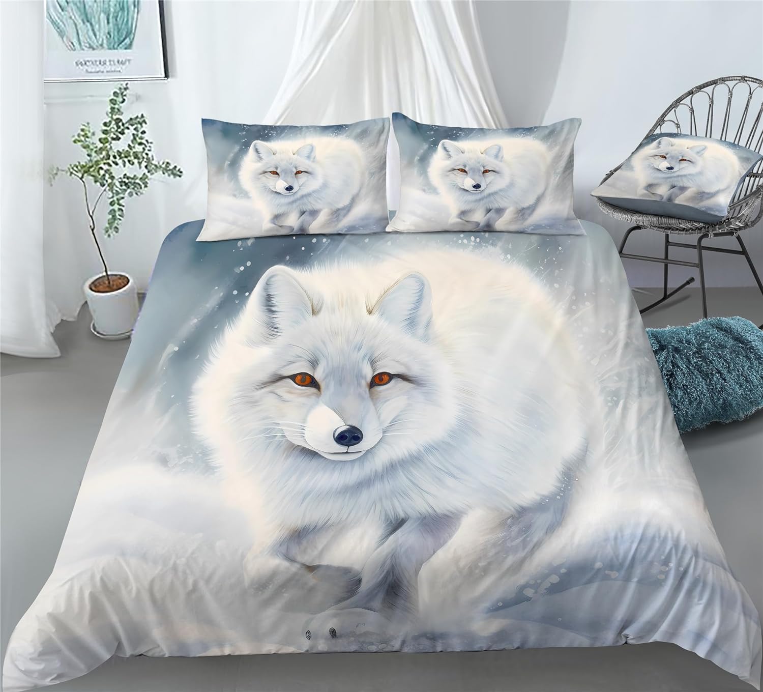 REALIN Cartoon Arctic Fox Animals Duvet Cover Set White Fox Animals Bedding Girl Boy Kids Bed Sets 2/3/4PCS Quilt Covers/Sheets/Pillow Shams,Twin/Full/Queen/King (B,Twin-172x218cm-3PCS)