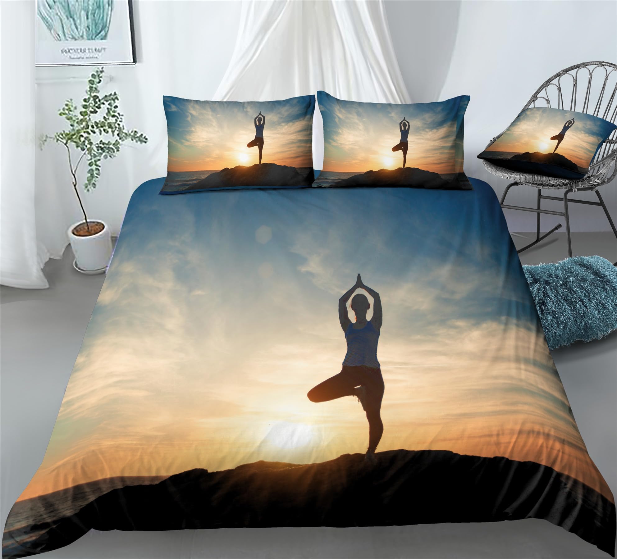 REALIN Funny Yoga Exercise Bedding Yoga Zen Meditation Duvet Cover Set Girl Boy Kids Bed Sets 2/3/4PCS Quilt Covers/Sheets/Pillow Shams,Twin/Full/Queen/King (A,King-229x259cm-4PCS)