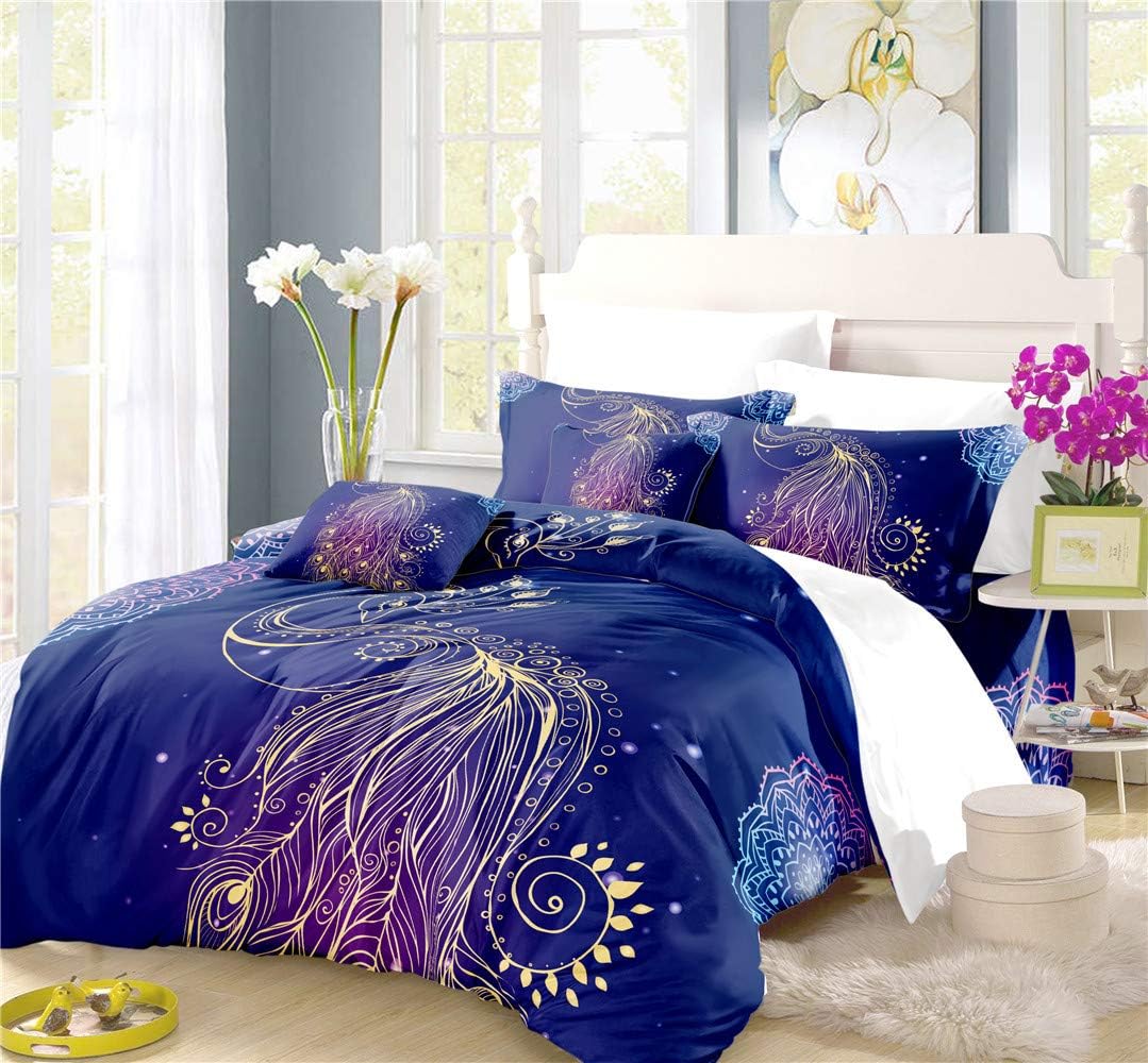 REALIN Peacock Duvet Cover Set Colorful Bedding Phnom Penh Feather Noble Royal Blue Bed Sets 2/3/4PCS Quilt Covers/Sheets/Pillow Shams,Twin/Full/Queen/King (A,King-229x259cm-3PCS)