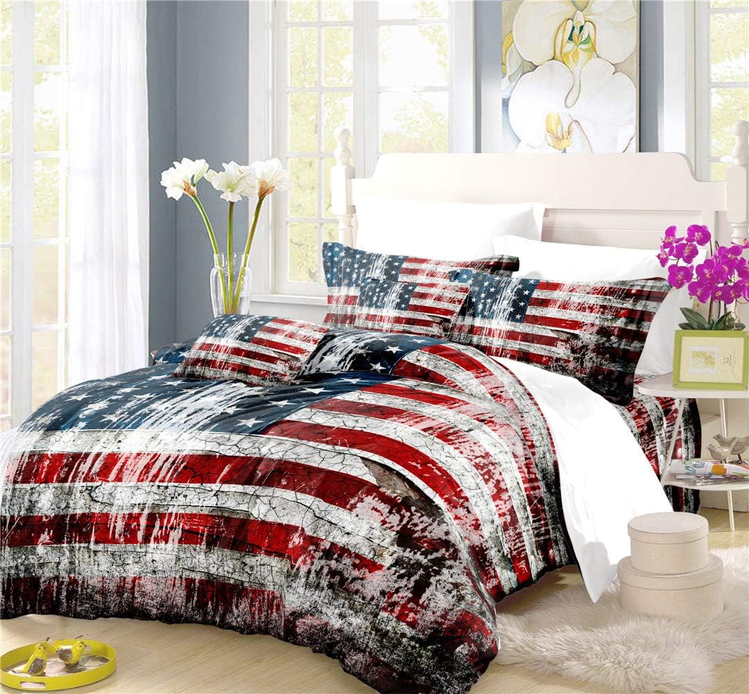 REALIN Stars and Stripes Duvet Cover Set Vintage American Flag Bedding Red White Blue Bed Sets 2/3/4PCS Quilt Covers/Sheets/Pillow Shams,Twin/Full/Queen/King (F,King-229x259cm-3PCS)