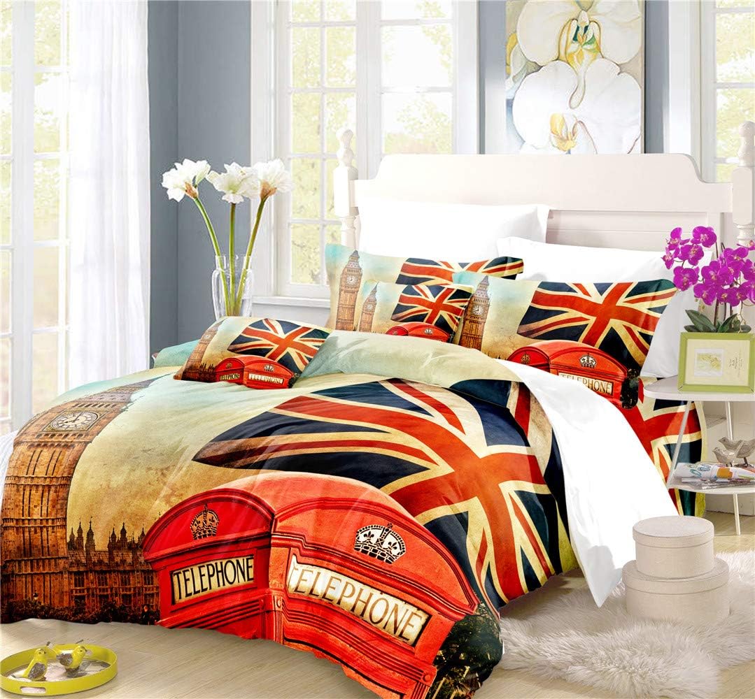 REALIN The Union Jack Duvet Cover Set British Flag Bedding Big Ben Dirty Vintage Bed Sets 2/3/4PCS Quilt Covers/Sheets/Pillow Shams,Twin/Full/Queen/King (E,Queen-228x228cm-3PCS)