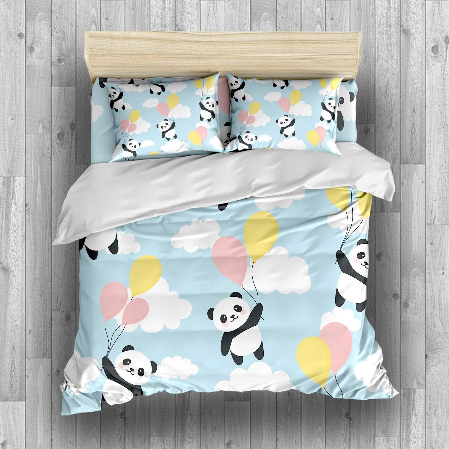 REALIN Panda Bedding Pink Blue Green Cartoon Panda Duvet Cover Set Colorful Hot Air Balloon Bed Sets,2/3/4PCS Microfiber Quilt Covers/Sheets/Pillow Shams,Twin/Full/Queen/King Size