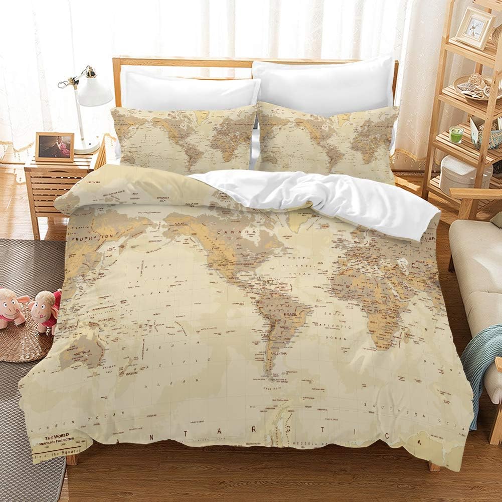 REALIN World Map Duvet Cover Set 3D Bedding Warp and Weft Net Geography Bed Sets 2/3/4PCS Quilt Covers/Sheets/Pillow Shams,Twin/Full/Queen/King (Queen-228x228cm-3PCS,A)