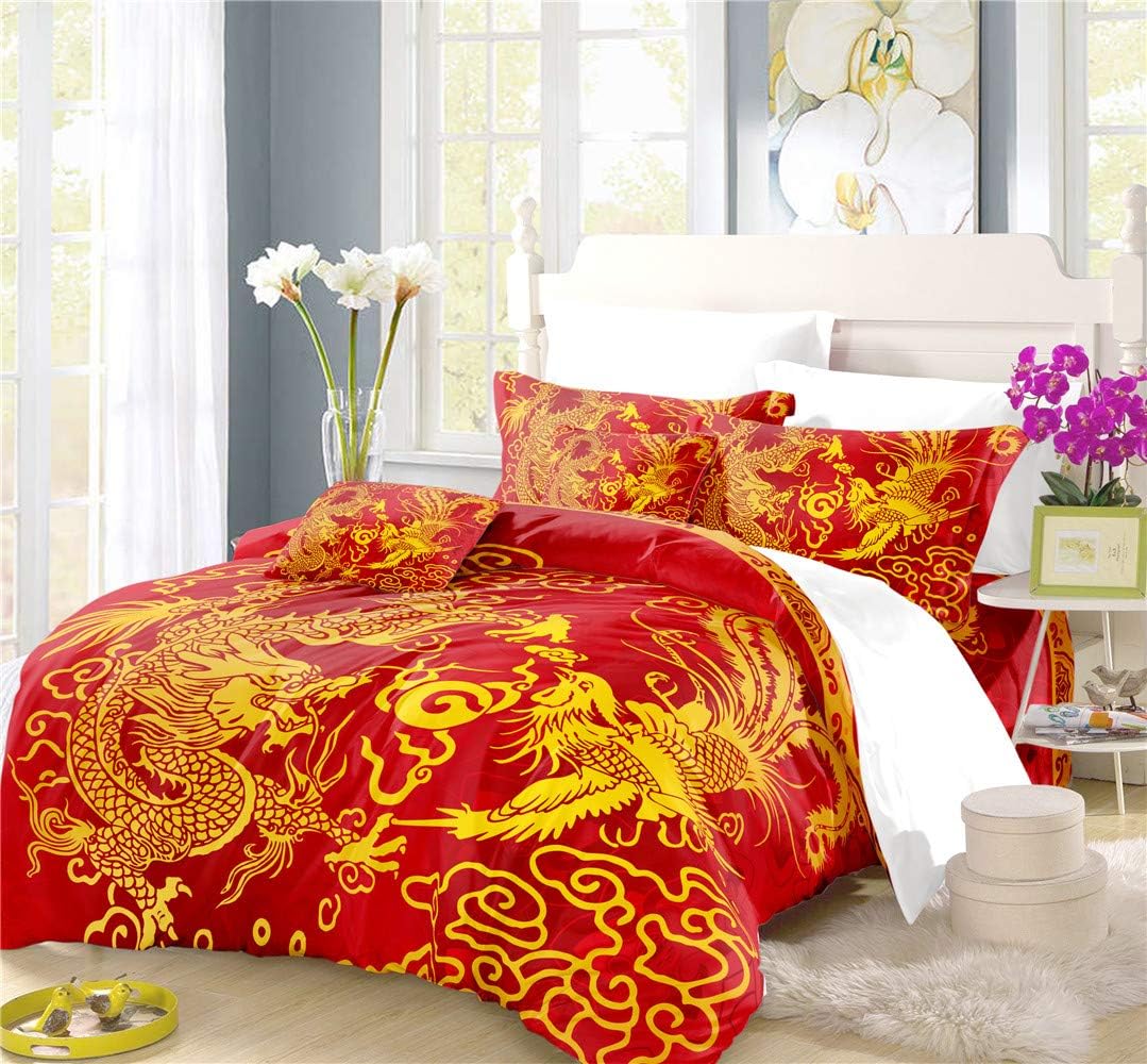 REALIN Traditional Dragon and Phoenix Duvet Cover Set Chinese Style Bedding Auspicious Bed Sets 2/3/4PCS Quilt Covers/Sheets/Pillow Shams,Twin/Full/Queen/King (A,Queen-228x228cm-3PCS)