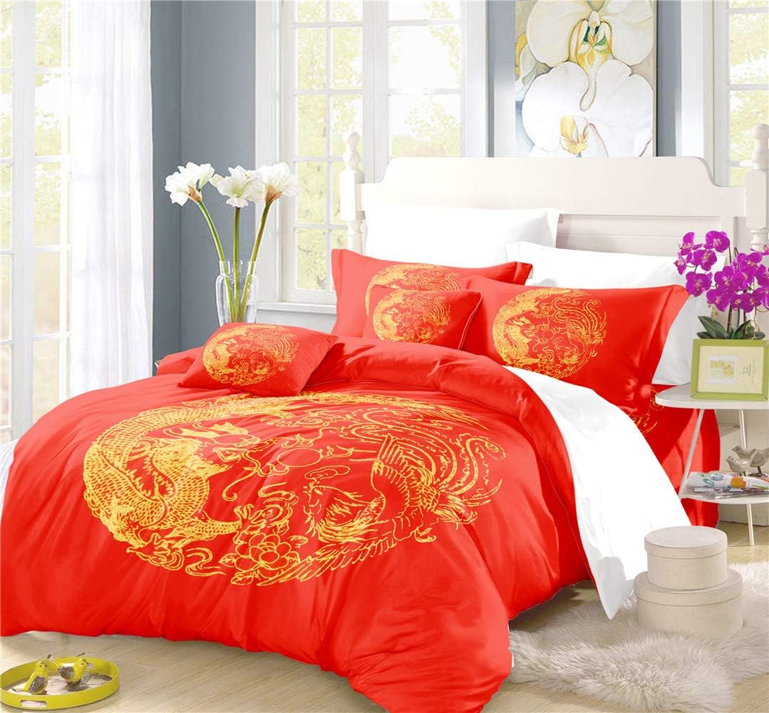 REALIN Traditional Dragon and Phoenix Duvet Cover Set Chinese Style Bedding Auspicious Bed Sets 2/3/4PCS Quilt Covers/Sheets/Pillow Shams,Twin/Full/Queen/King (A,Queen-228x228cm-3PCS)