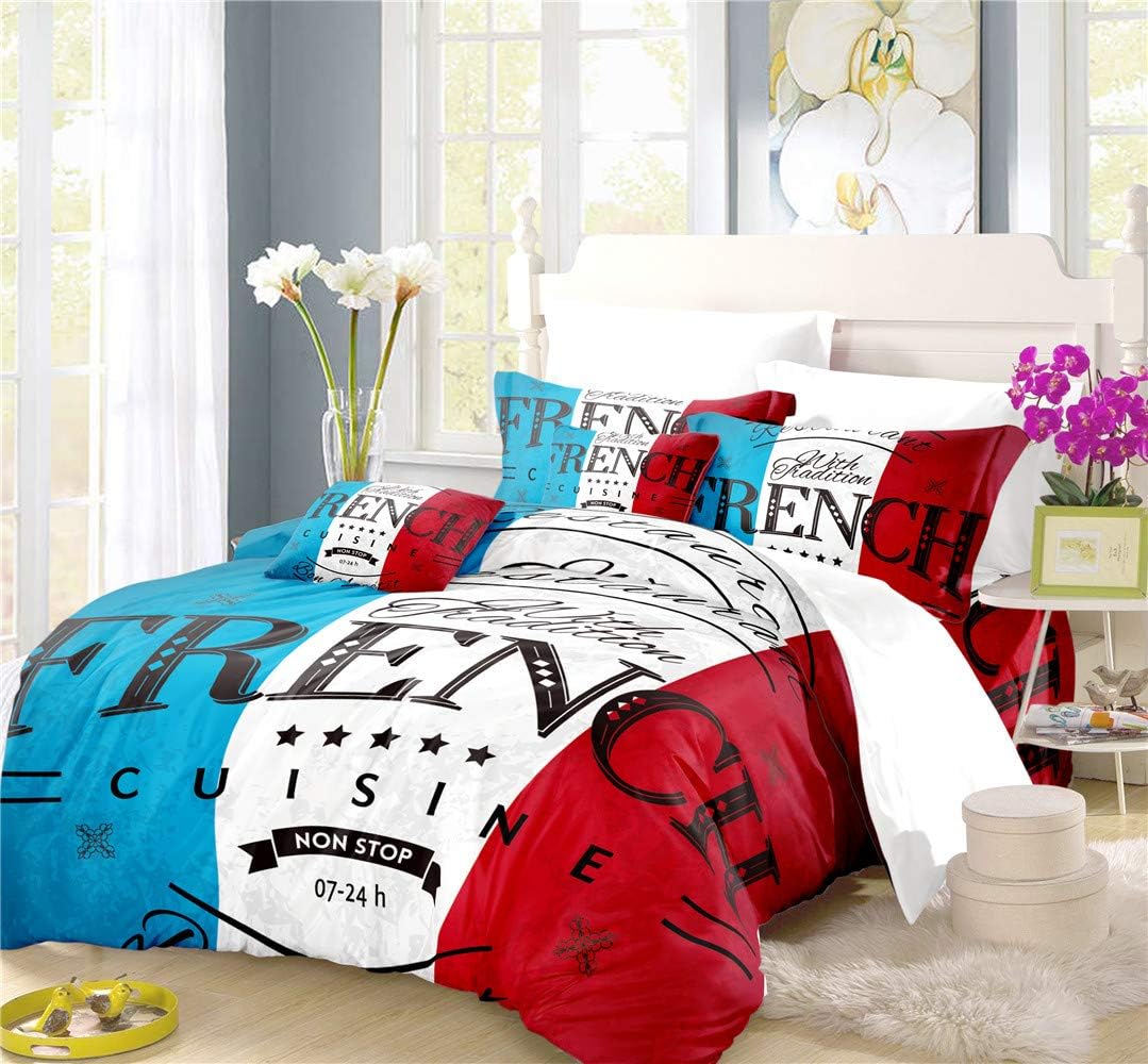 REALIN French Tricolor Duvet Cover Set Tricolor Paris Bedding Blue White Red Bed Sets 2/3/4PCS Colorful Quilt Covers/Sheets/Pillow Shams,Twin/Full/Queen/King (B,Queen-228x228cm-4PCS)