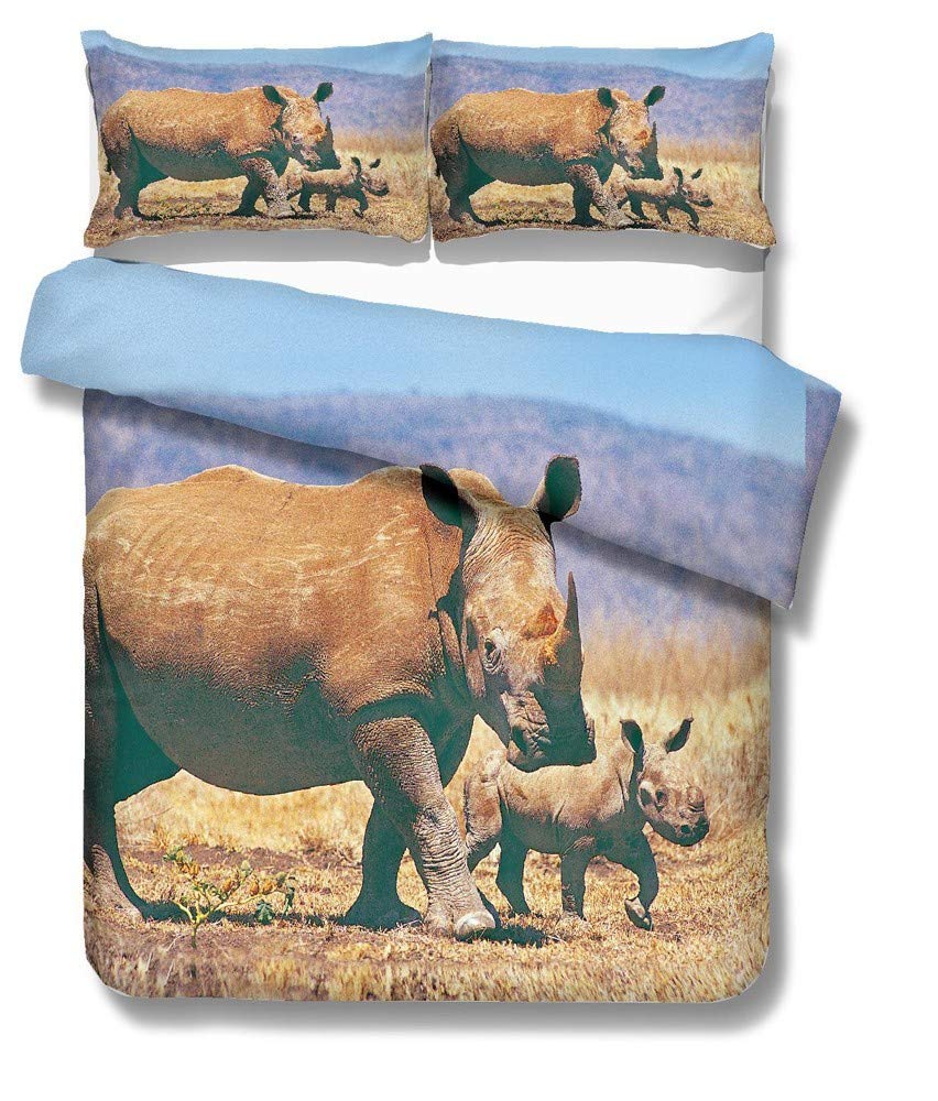 REALIN Wild Rhinoceros Bedding The Rhino Family of The Grasslands Duvet Cover Set for Children and Adult,2/3/4PCS Microfiber Quilt Cover/Sheet/Pillow Shams,Twin/Full/Queen/King Size