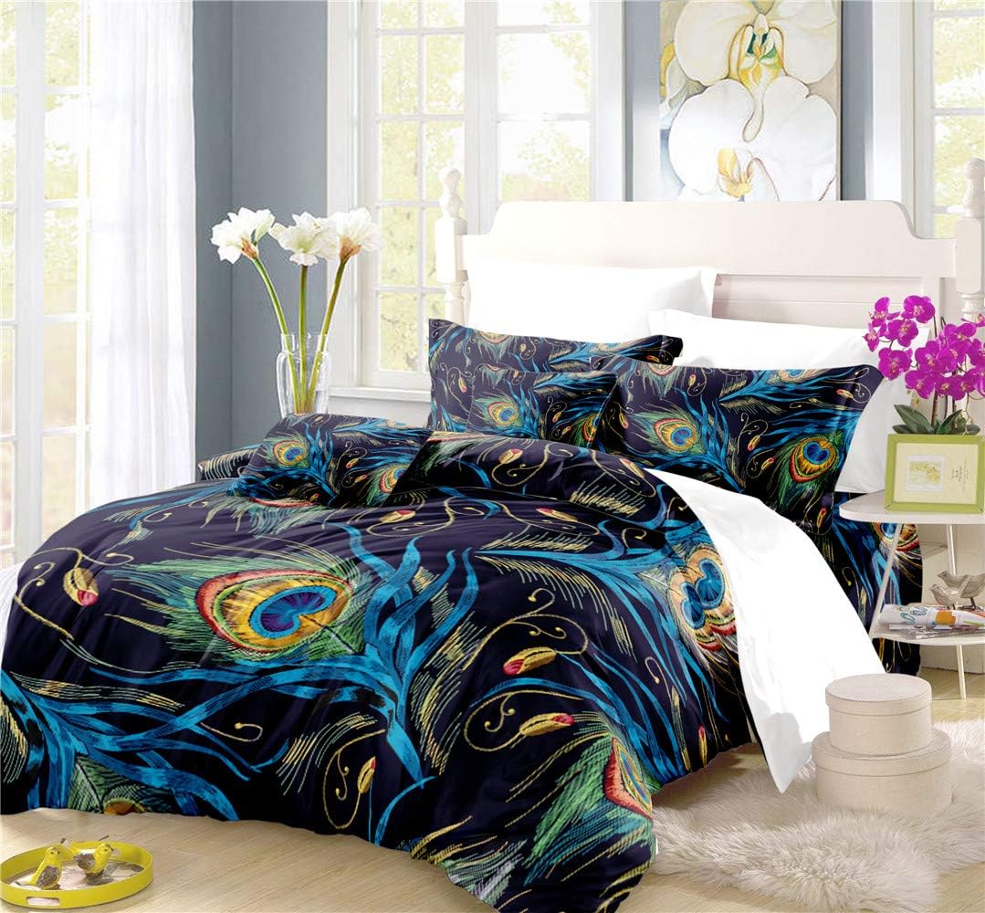 REALIN Peacock Duvet Cover Set Colorful Bedding Phnom Penh Feather Noble Royal Blue Bed Sets 2/3/4PCS Quilt Covers/Sheets/Pillow Shams,Twin/Full/Queen/King (A,King-229x259cm-3PCS)