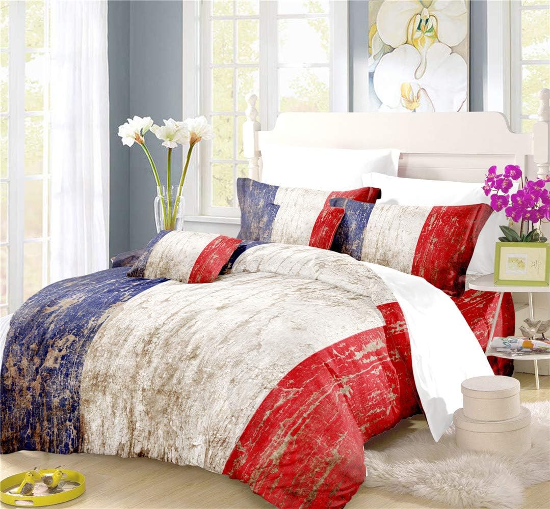 REALIN French Tricolor Duvet Cover Set Tricolor Paris Bedding Blue White Red Bed Sets 2/3/4PCS Colorful Quilt Covers/Sheets/Pillow Shams,Twin/Full/Queen/King (B,Queen-228x228cm-4PCS)