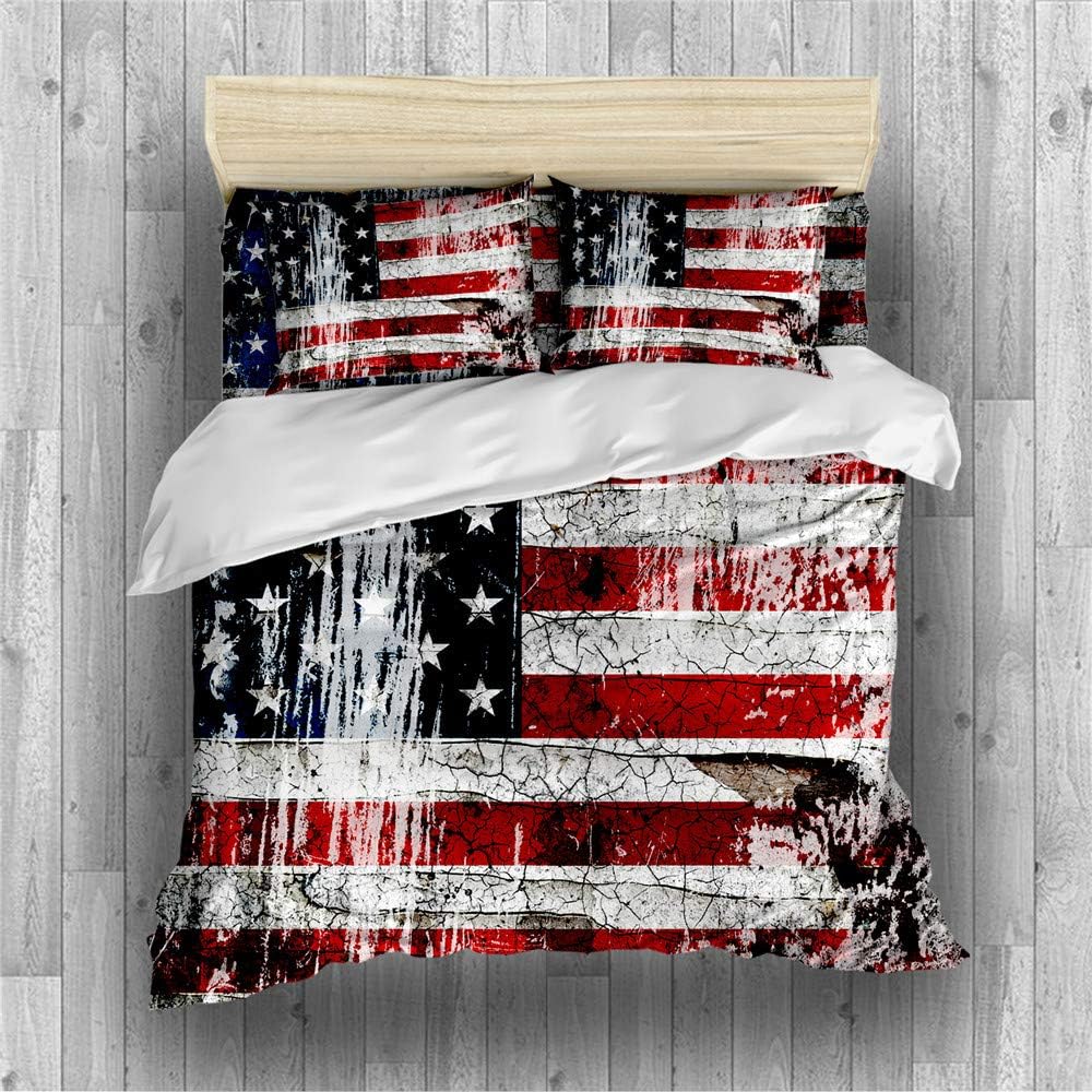 REALIN Stars and Stripes Duvet Cover Set Vintage American Flag Bedding Red White Blue Bed Sets 2/3/4PCS Quilt Covers/Sheets/Pillow Shams,Twin/Full/Queen/King (F,King-229x259cm-3PCS)