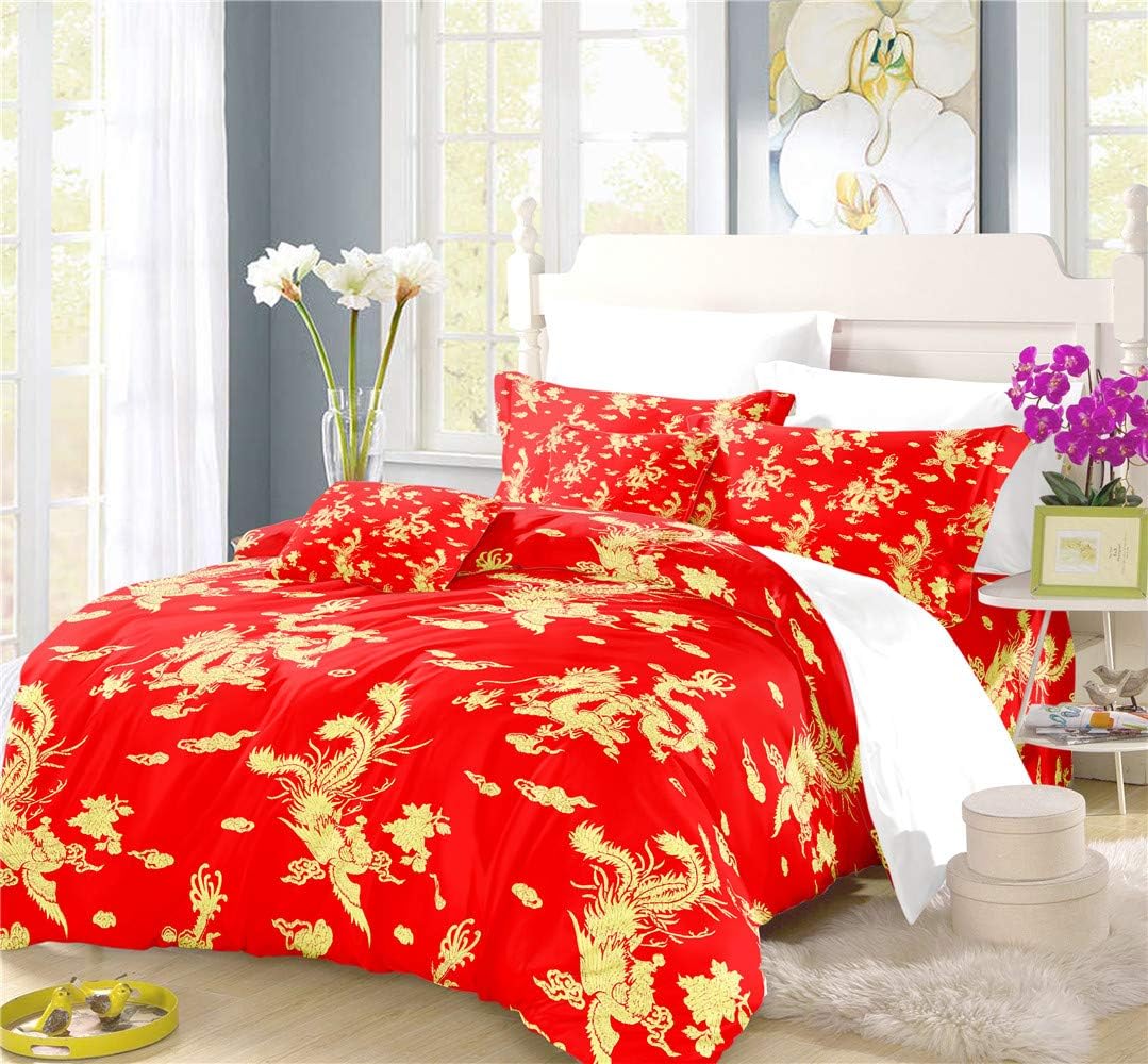 REALIN Traditional Dragon and Phoenix Duvet Cover Set Chinese Style Bedding Auspicious Bed Sets 2/3/4PCS Quilt Covers/Sheets/Pillow Shams,Twin/Full/Queen/King (A,Queen-228x228cm-3PCS)