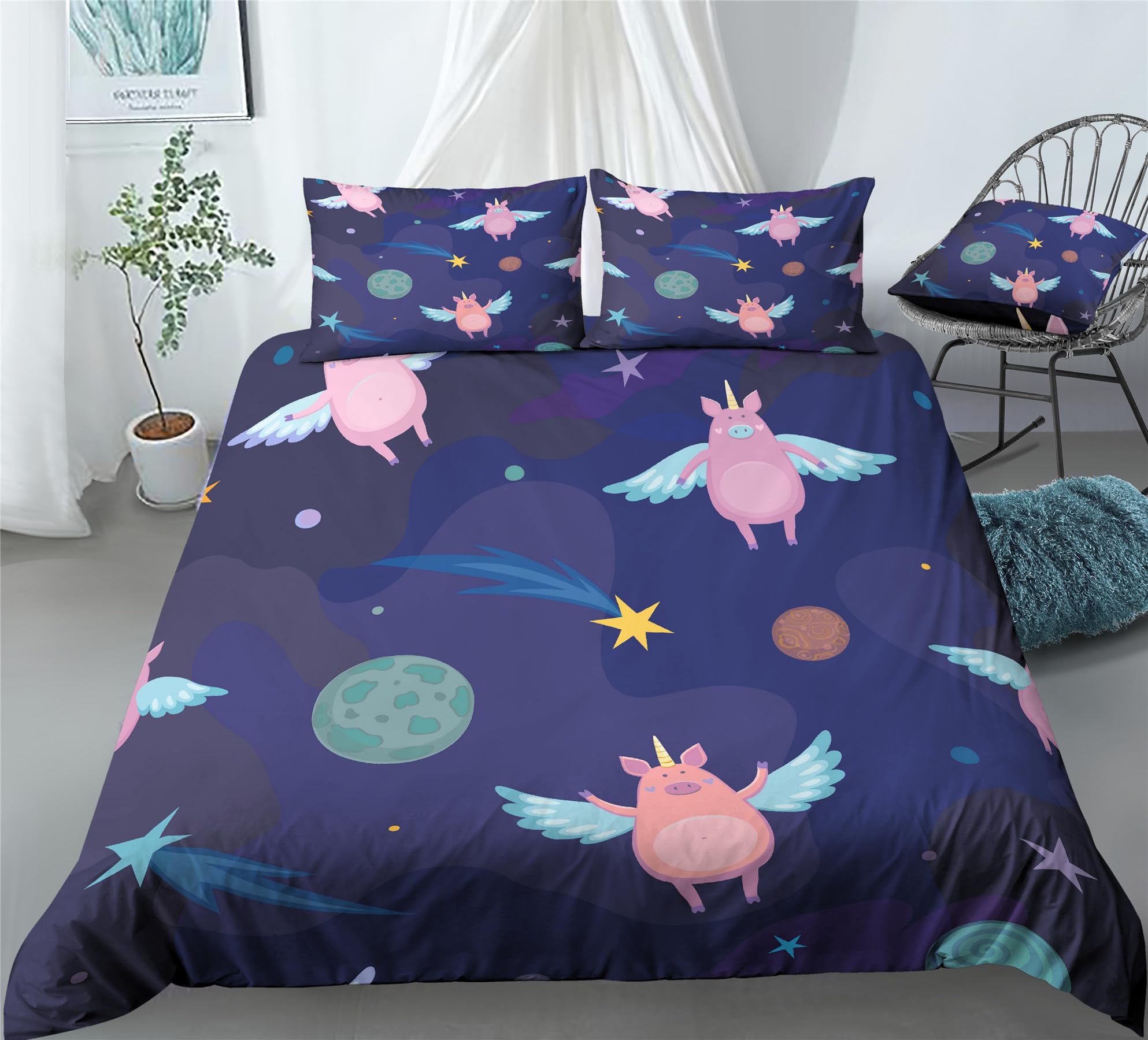 REALIN Moon Universe Unicorn Pig Duvet Cover Set Unicorn Pig Bedding Girl Boy Kids Bed Sets 2/3/4PCS Quilt Covers/Sheets/Pillow Shams,Twin/Full/Queen/King (A,Full-200x229cm-3PCS)