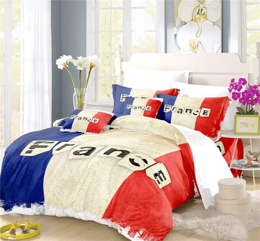 REALIN French Tricolor Duvet Cover Set Tricolor Paris Bedding Blue White Red Bed Sets 2/3/4PCS Colorful Quilt Covers/Sheets/Pillow Shams,Twin/Full/Queen/King (B,Queen-228x228cm-4PCS)