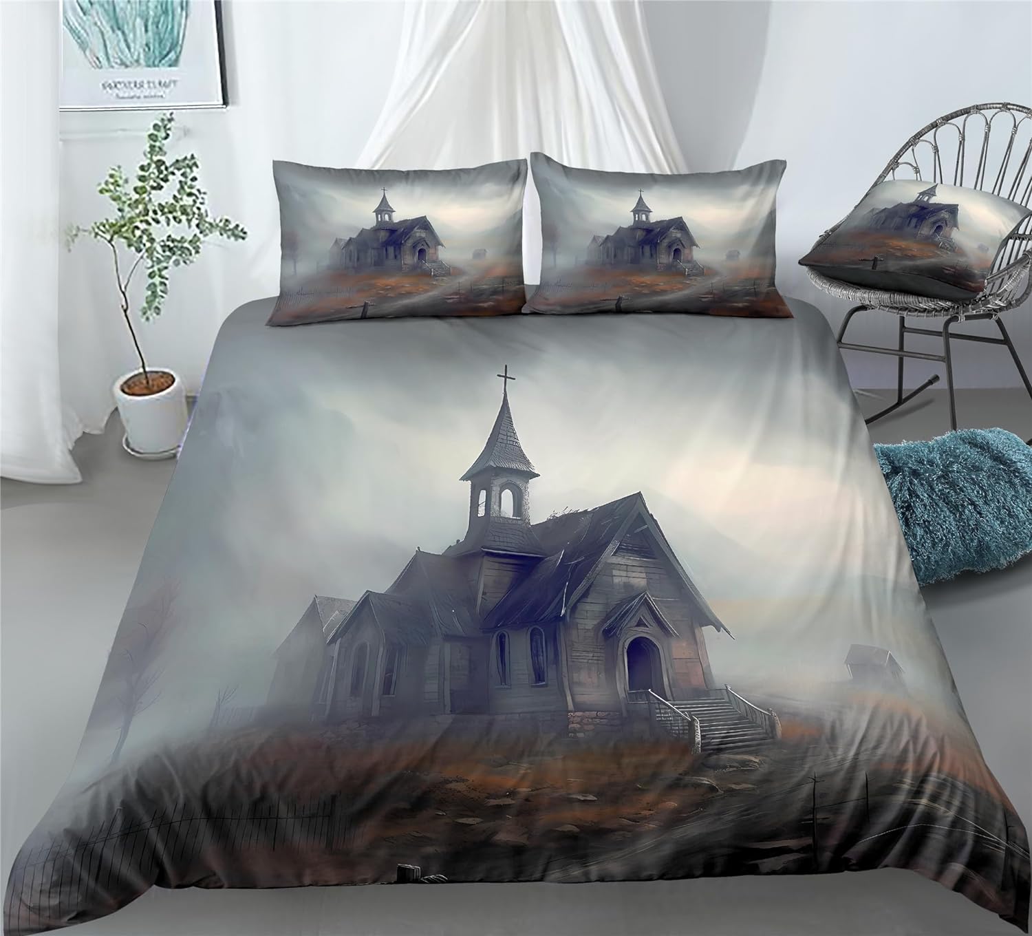 REALIN Haunted House Bedding Halloween Scary Tombstone Duvet Cover Set Girl Boy Kids Bed Sets 2/3/4PCS Quilt Covers/Sheets/Pillow Shams,Twin/Full/Queen/King (B,Full-200x229cm-4PCS)