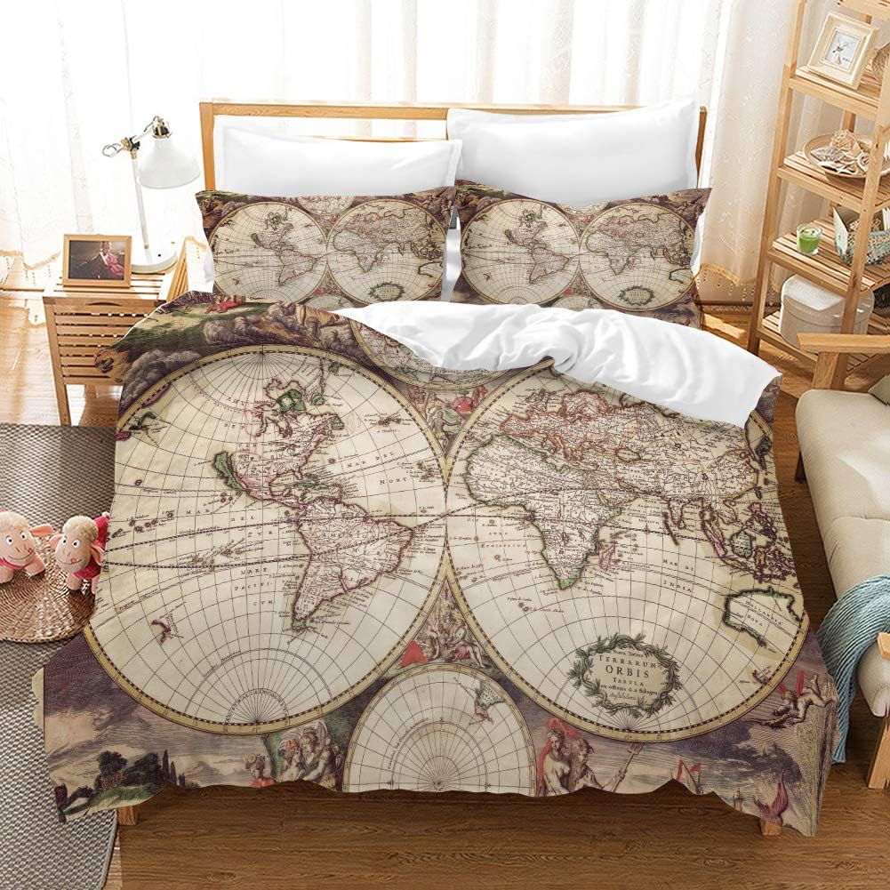 REALIN World Map Duvet Cover Set 3D Bedding Warp and Weft Net Geography Bed Sets 2/3/4PCS Quilt Covers/Sheets/Pillow Shams,Twin/Full/Queen/King (Queen-228x228cm-3PCS,A)